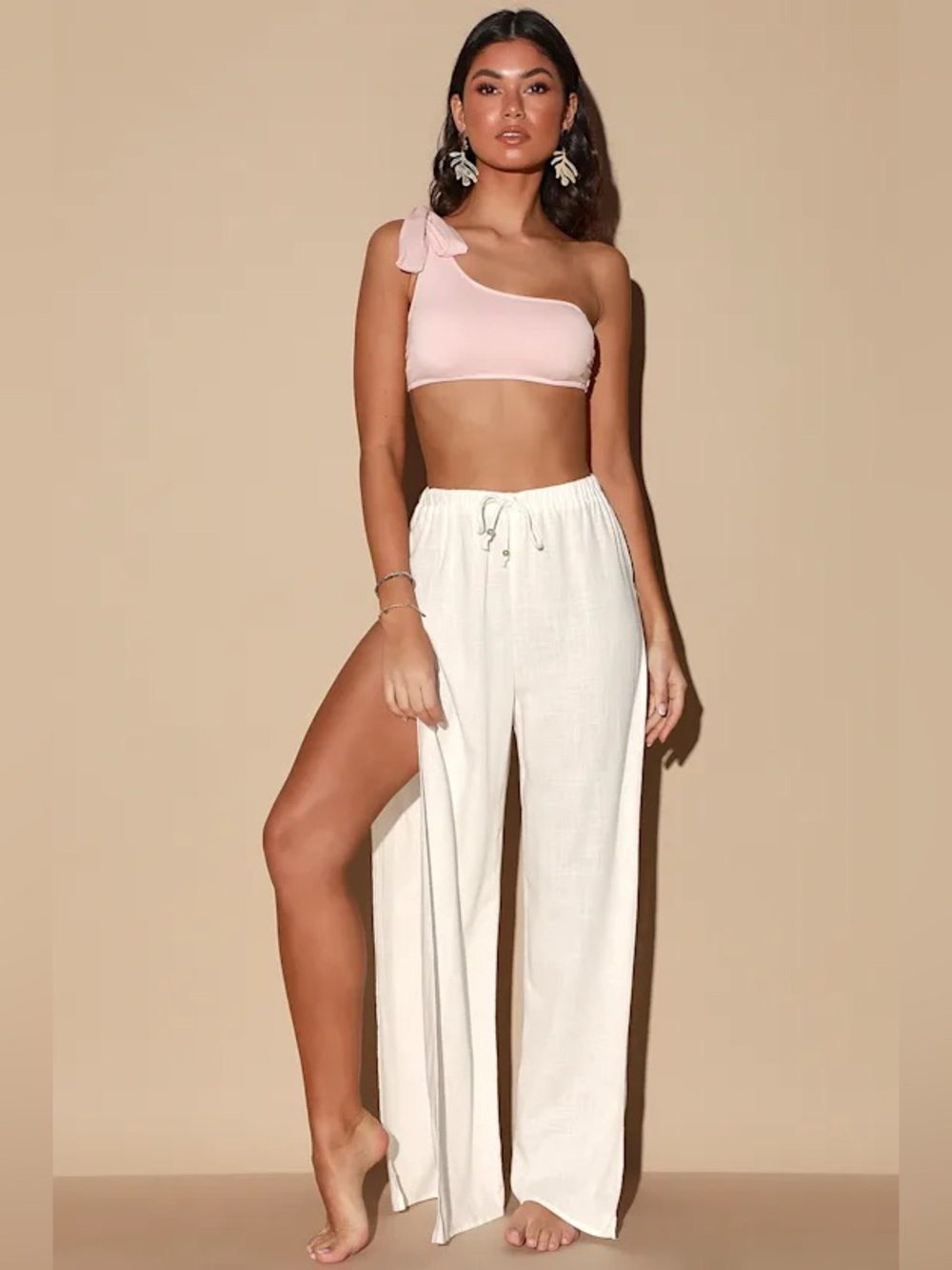 Lulus White Linen-Blend Wide-Leg Drawstring Pants - Size Small